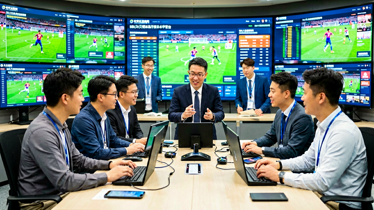 体育平台运营团队在监控室分析赛事数据与直播画面